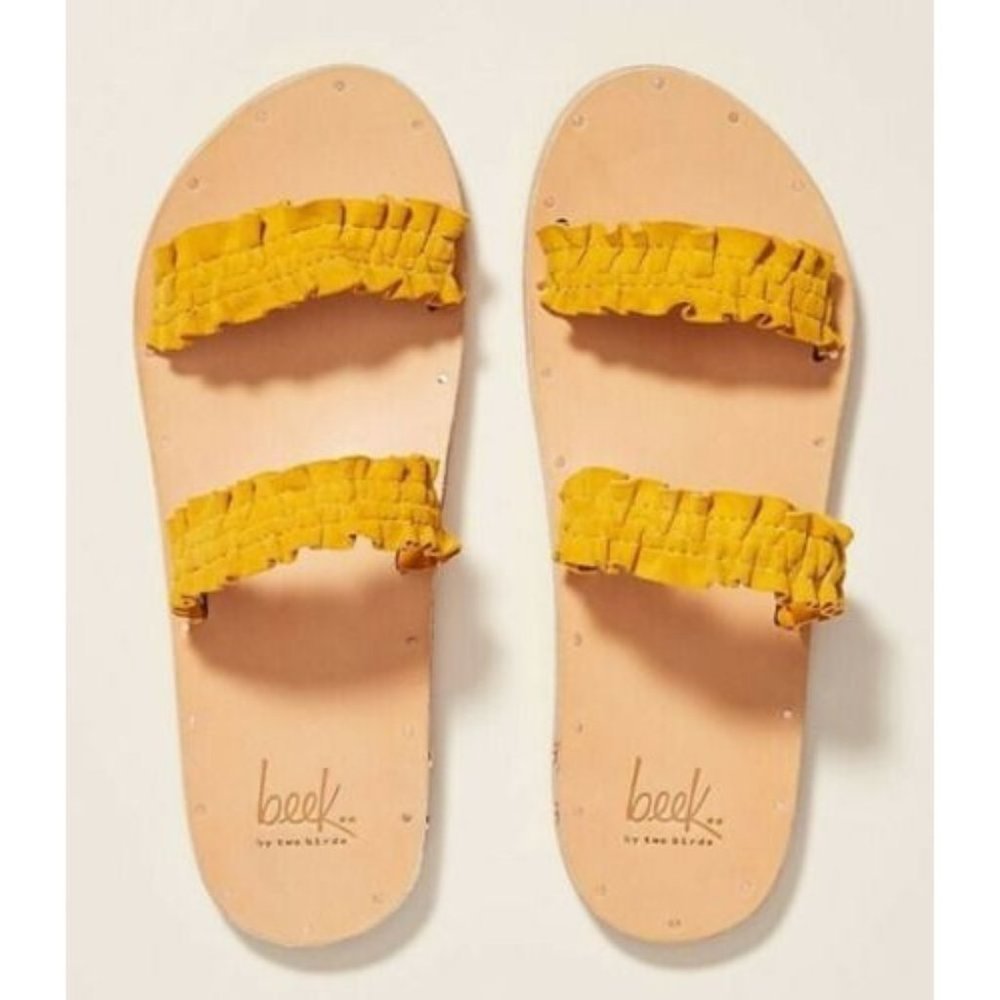 Beek by Two Birds Anthropologie Mustard Yellow Dipper Slide Sandals Defect Sz 8